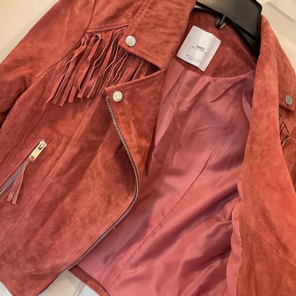 MNG Mango Leather biker fringed jacket with zipper detail, mauve color, Sz M - Picture 8 of 16